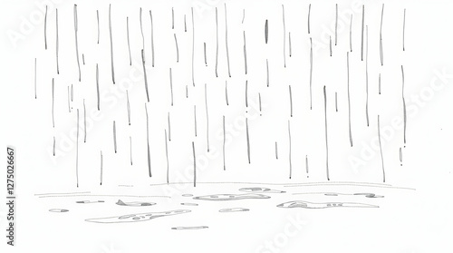 Hand-drawn sketch of falling rain with puddles on the ground, creating a simple, minimalist illustration of a rainy day.