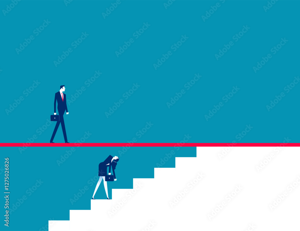 Fototapeta premium Employee stopped in ascension to higher steps by a glass ceiling ana annoyed by a boss above it