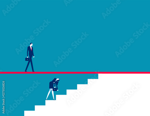 Employee stopped in ascension to higher steps by a glass ceiling ana annoyed by a boss above it