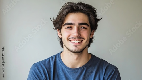 Wallpaper Mural Young man smiling warmly, soft light enhancing his cheerful expression, minimal background. Torontodigital.ca