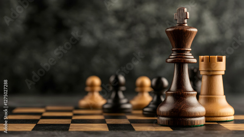 Close-up of a chessboard with wooden pieces, highlighting strategy and competition in a classic board game setting. photo