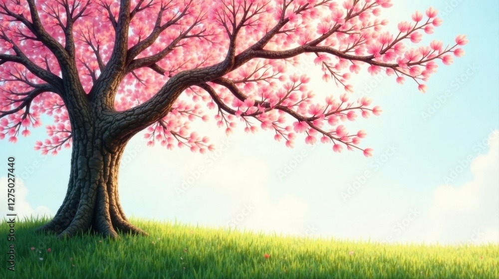 Serene Pink Blossoms on a Lush Green Meadow Under a Bright Sky Serene Pink Blossoms on a Lush Green Meadow Under a Bright Sky