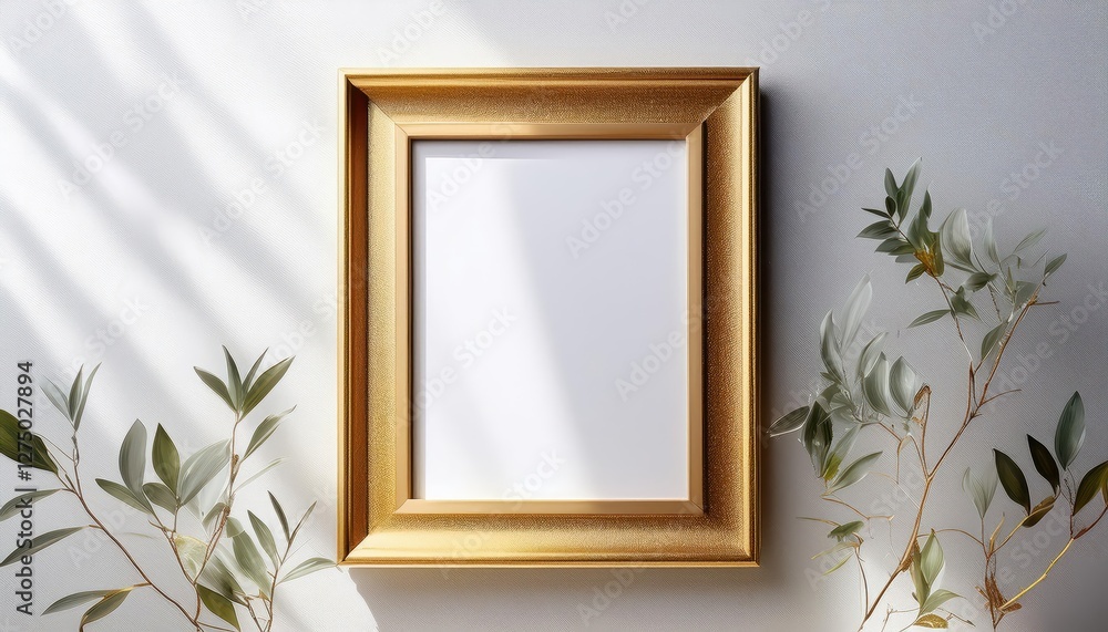Golden Frame Mockup against a Pure White Wall Elegance and Simplicity in Vibrant Gold with a Modern Minimalist Aesthetic Golden Frame Mockup against a Pure White Wall Elegance and Simplicity in Vibrant Gold with a Modern Minimalist Aesthetic