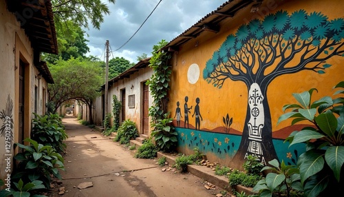 Colorful mural with tree and people silhouettes on building