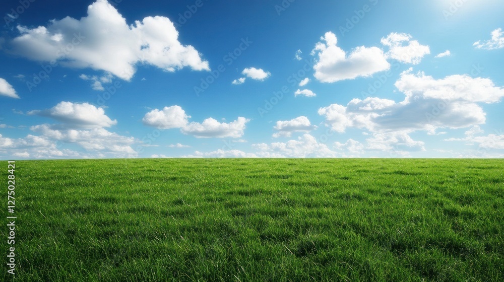 Obraz premium Lush Green Field Under a Bright Blue Sky With Fluffy Clouds