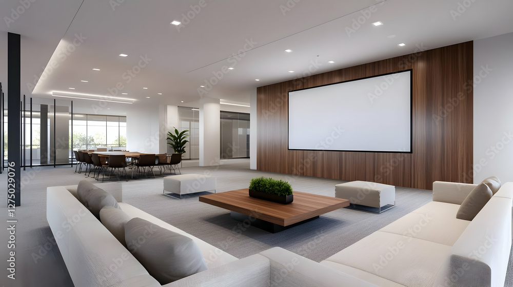 Fototapeta premium Modern office interior featuring a spacious layout with contemporary furniture and a large screen for presentations.