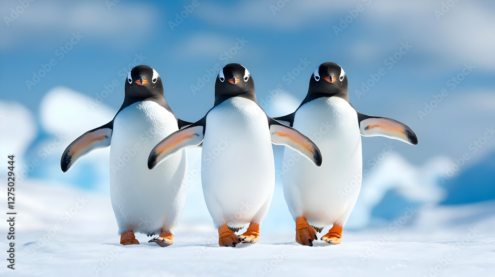 Obraz premium Three cheerful penguins walking on the ice, showcasing their playful nature in a serene Arctic environment.