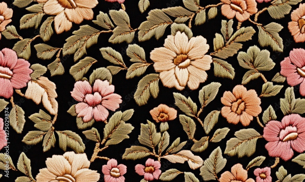 Fototapeta premium Intricate Floral Embroidery on Black Velvet: A Tapestry of Delicate Stitches and Pastel Hues