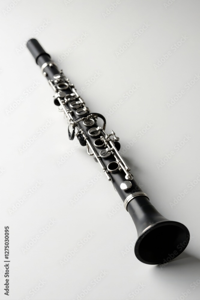 Fototapeta premium A Sleek Black Clarinet Resting on a Plain White Surface, Ready for a Musical Performance
