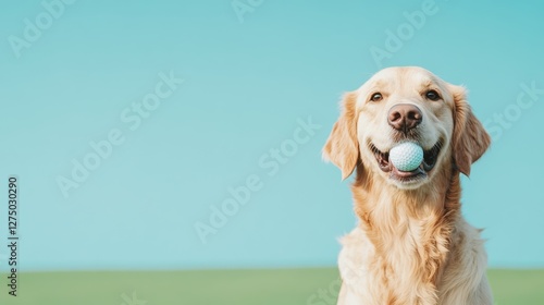 Playful Golden Retriever with Golf Ball in Mouth Against Blue Background