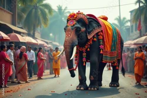 Majestically adorned elephant in vibrant festive attire, gracefully processional through a bustling market street