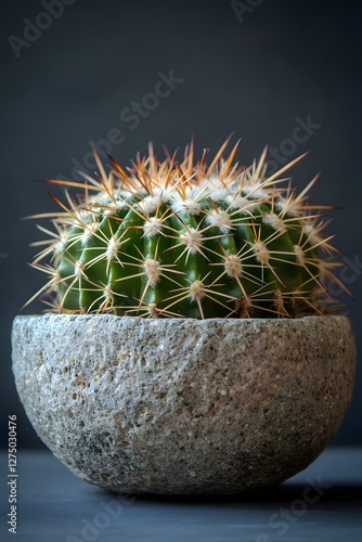 Desert cactus in a gray bowl on dark background