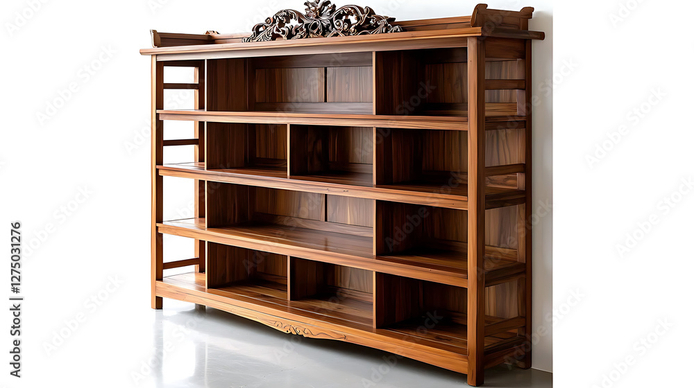 A wooden shelf with many shelves and a carved design. generated using AI A wooden shelf with many shelves and a carved design. generated using AI