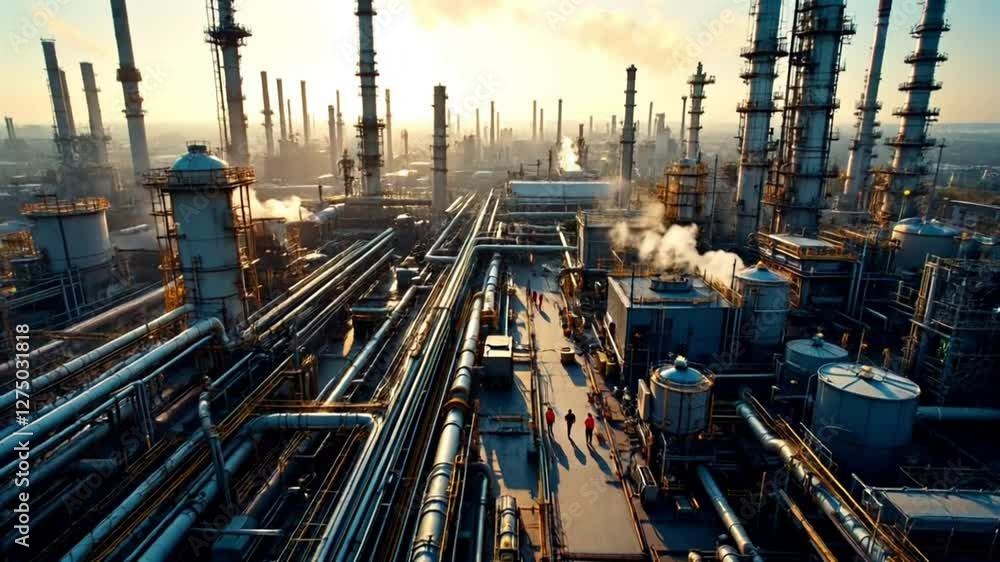 Industrial oil refinery with towering structures and pipes, emitting steam into the air. Industrial oil refinery with towering structures and pipes, emitting steam into the air.