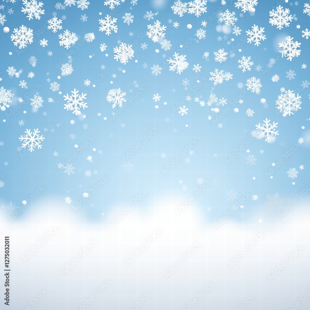 Falling snow background with winter flakes on blue sky for holiday cards or festive designs Falling snow background with winter flakes on blue sky for holiday cards or festive designs