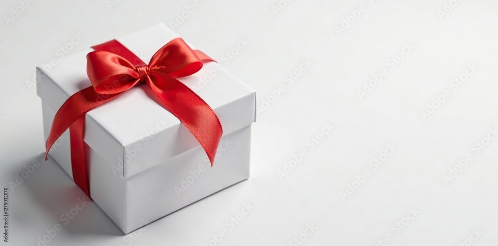 White box with a red ribbon tied neatly at the top, white, wrapping paper White box with a red ribbon tied neatly at the top, white, wrapping paper