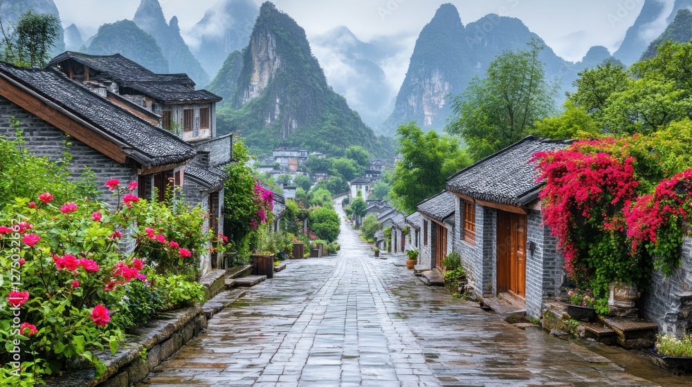 Serene Village Nestled in the Misty Mountains of China