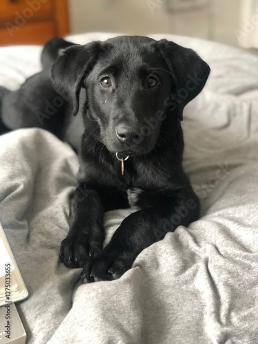 black labrador retriever puppy portrait on bed
