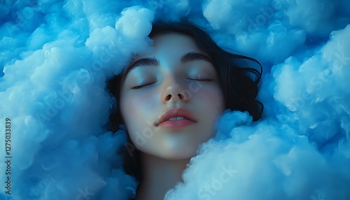 Woman sleeping blue clouds dream