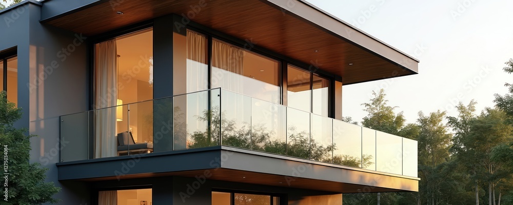 Fototapeta premium Modern residential house features glass balcony with stainless steel balustrade. Contemporary architecture design with terrace, nobody, railing against blue skies with pattern. Apartment condo home.