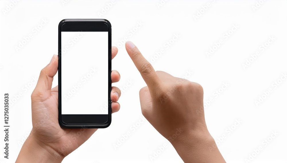 Interactive Digital Art CloseUp of a Hand Pointing at an Empty Smartphone Screen on a Transparent Background, Highlighting the Connection and Engagement in the Digital World. Interactive Digital Art CloseUp of a Hand Pointing at an Empty Smartphone Screen on a Transparent Background, Highlighting the Connection and Engagement in the Digital World.