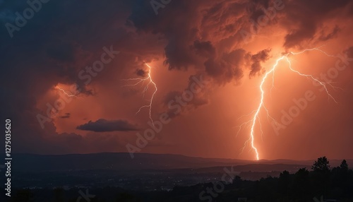 Wallpaper Mural Night thunderstorm illustration with lightnings striking dark red sky above forest landscape. Dramatic weather background with electricity flashes. Nature power, climate change, natural disaster Torontodigital.ca