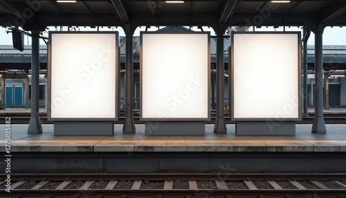 Fototapeta Naklejka Na Ścianę i Meble -  Three portrait empty billboards at train station platform. Advertising placeholders, mockup of blank white poster, copy space for advertisement banner, commercial information, marketing business