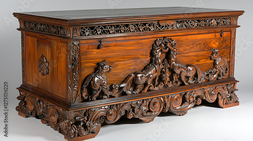 A wooden chest with carved animals on it. generated using AI