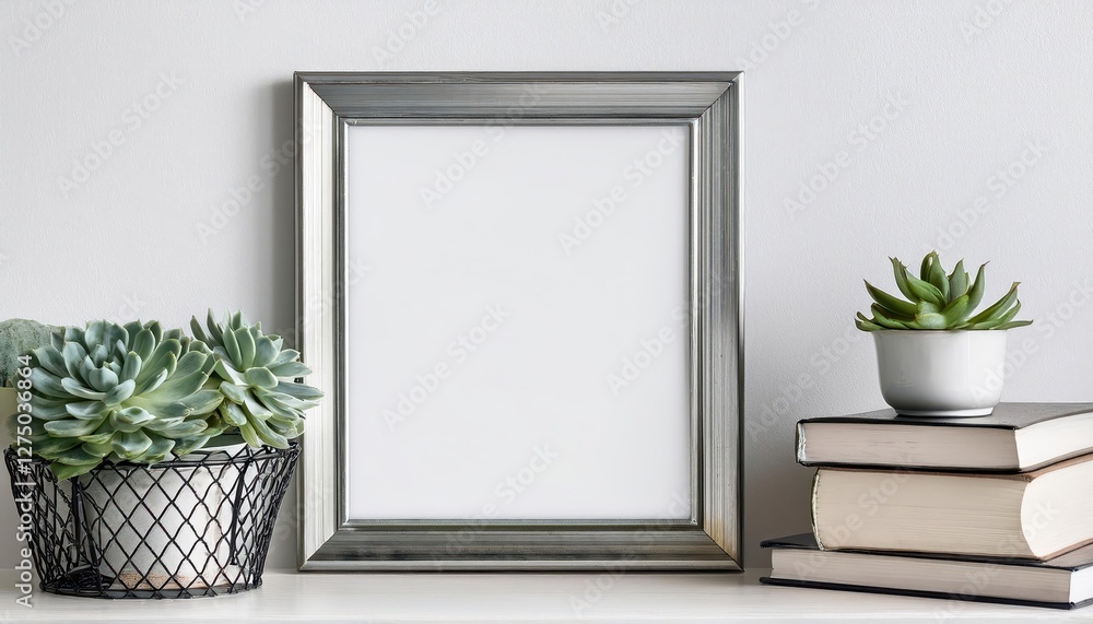 Fototapeta premium Horizontal Metal Frame Home Interior Poster Mockup with Succulents and Books Vintage Elegance Meets Modern Charm, Showcasing a Cozy Study Nook Filled with Greenery and Knowledge