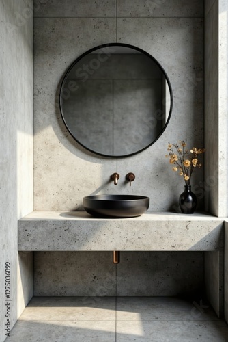 Modern minimalist bathroom design featuring a circular mirror and dark vessel sink on a concrete vanity