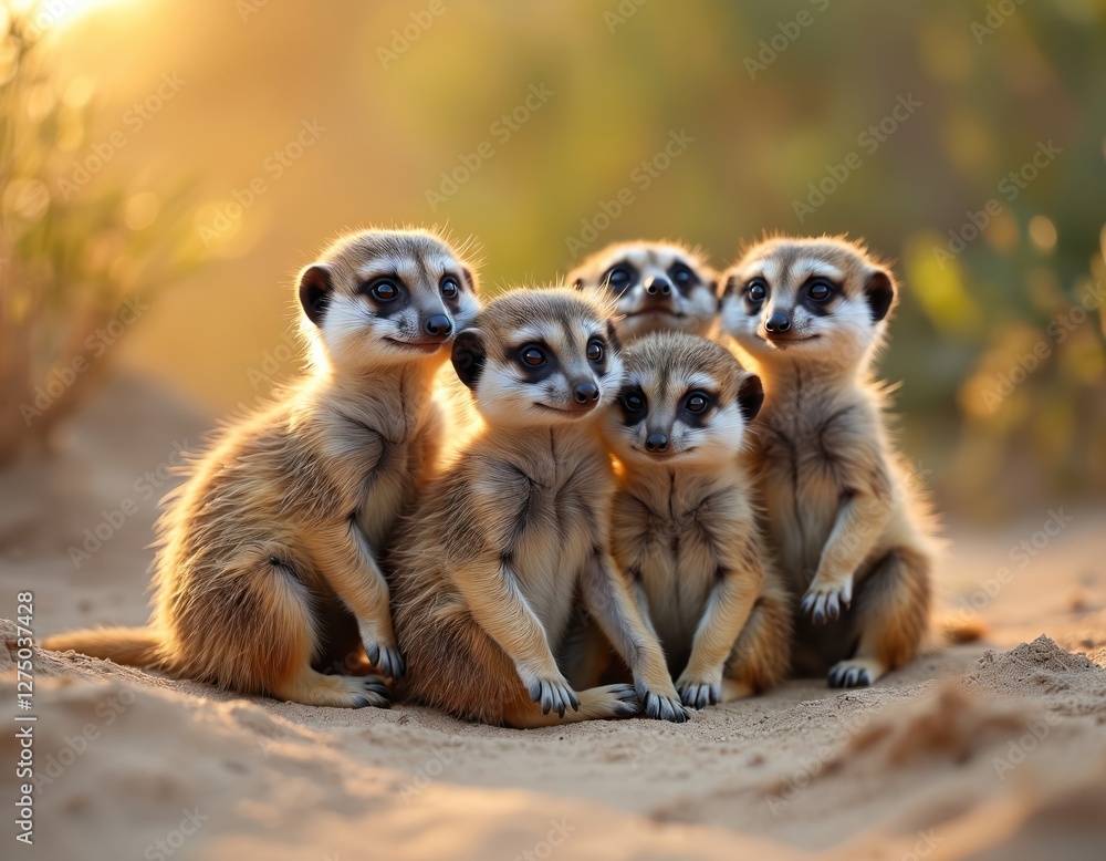 Group of baby meerkats sitting on sand, looking at the camera. Cute african suricates, small wild mammals, family portrait in wilderness. Funny desert creatures. Conservation concept. Group of baby meerkats sitting on sand, looking at the camera. Cute african suricates, small wild mammals, family portrait in wilderness. Funny desert creatures. Conservation concept.