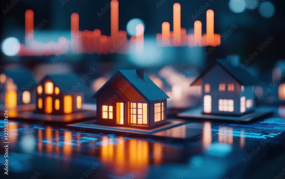 group of small houses with glowing lights, showcasing vibrant urban scene at night. illuminated homes create warm atmosphere against digital backdrop group of small houses with glowing lights, showcasing vibrant urban scene at night. illuminated homes create warm atmosphere against digital backdrop