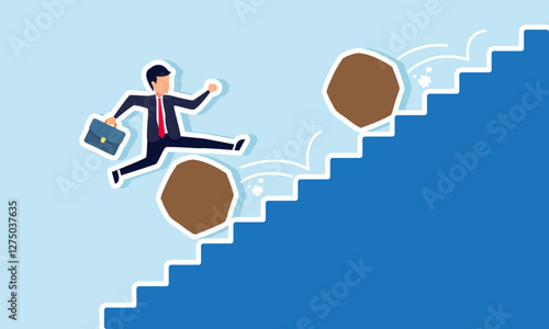 Businessman climbs stairs and jumps to avoid rolling stones from the top, illustration of avoiding confrontation and problems in business