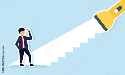 A businessman observes stairs formed by flashlight light, illustration of observing and analyzing a company business master plan design