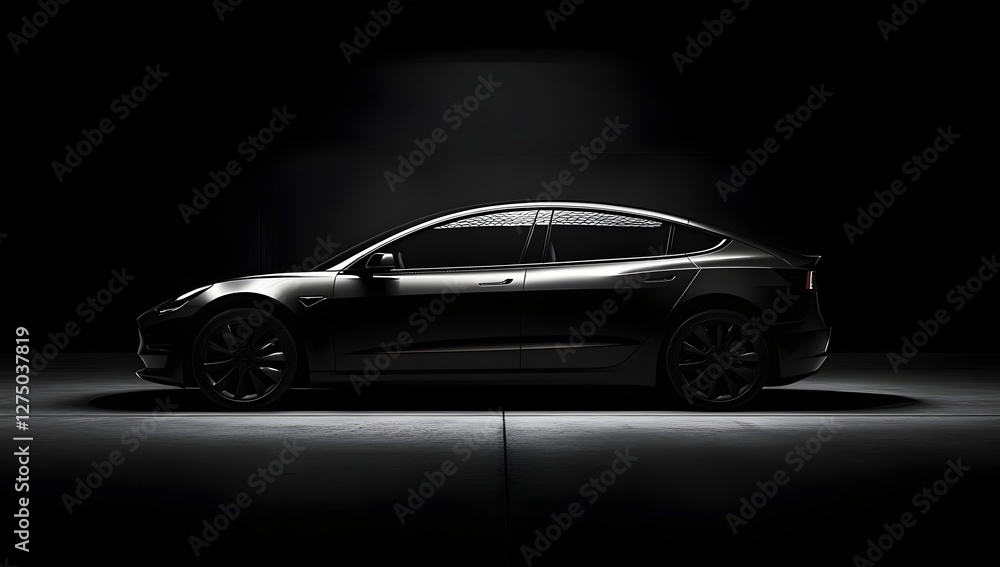 Fototapeta premium Black EV Car Profile, Dark Studio, Spotlight