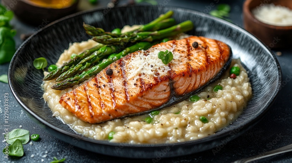 A delicious plate featuring grilled salmon on creamy risotto with asparagus. A delicious plate featuring grilled salmon on creamy risotto with asparagus.