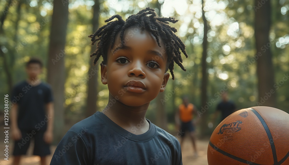 Focused boy with basketball in forest Focused boy with basketball in forest