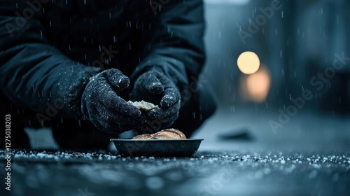 Individual sharing food in a snowy urban environment photo