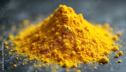 Pile of bright yellow sulfur powder. Sulfuric element for industrial use as poisonous grain, ingredient for fertilizer or fungicide, chemical element on dark grey background.