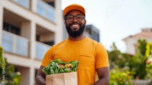 Smiling Man Holding Fresh Vegetables in Eco-Friendly Brown Paper Bag Outdoors