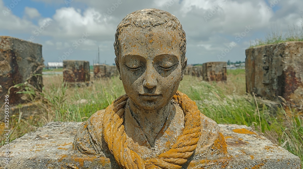 Obraz premium Weathered Stone Sculpture Head With Rope