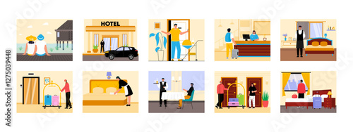 Hotel and Resort set illustration. Flat vector illustration concept. 