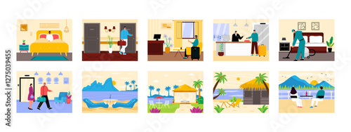 Hotel and Resort set illustration. Flat vector illustration concept. 