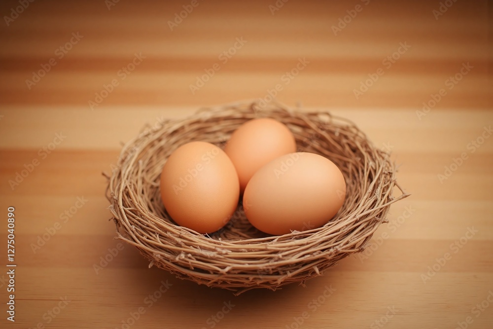 Four light brown eggs in straw nest on wooden surface triangular Four light brown eggs in straw nest on wooden surface triangular