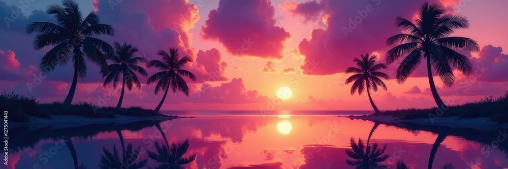 Silhouetted coconut palm trees reflected in calm water at twilight, twilight, palms Silhouetted coconut palm trees reflected in calm water at twilight, twilight, palms