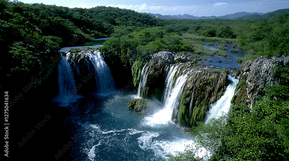 A beautiful waterfall scene with a lush green forest in the background. generated using AI A beautiful waterfall scene with a lush green forest in the background. generated using AI