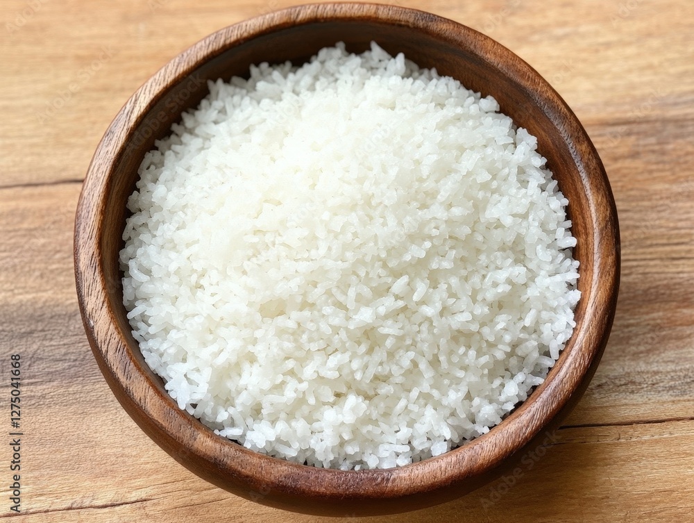 Flake salt inside wood bowl on table for food ingredient shots or cooking tutorial background Flake salt inside wood bowl on table for food ingredient shots or cooking tutorial background