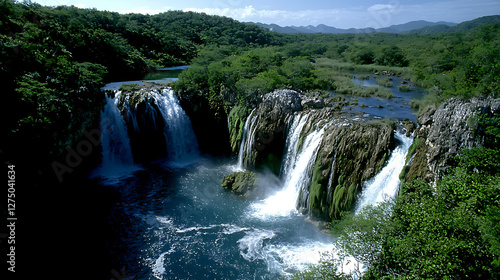 A beautiful waterfall scene with a lush green forest in the background. generated using AI