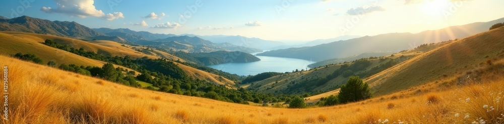 Sunny Mediterranean landscape with rolling hills and a lake in the distance, sunny, tranquil, mediterranean Sunny Mediterranean landscape with rolling hills and a lake in the distance, sunny, tranquil, mediterranean