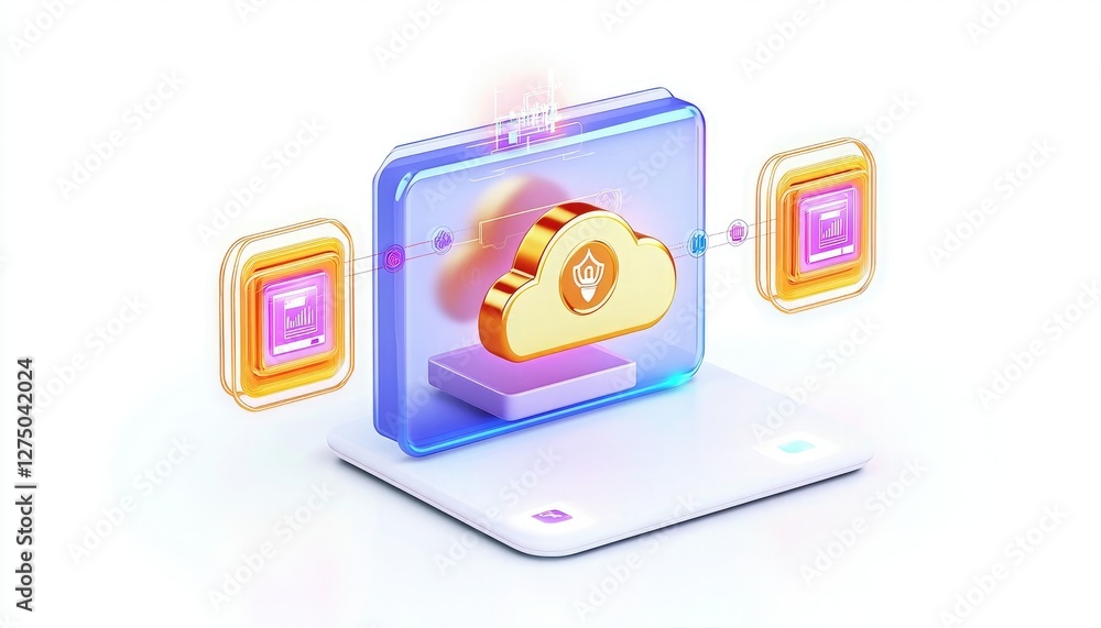 A digital illustration showing cloud storage with a golden cloud icon and data transfer, representing modern data management and security. A digital illustration showing cloud storage with a golden cloud icon and data transfer, representing modern data management and security.